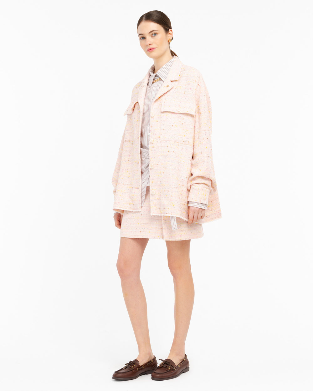 pink bouclé overshirt with sequins